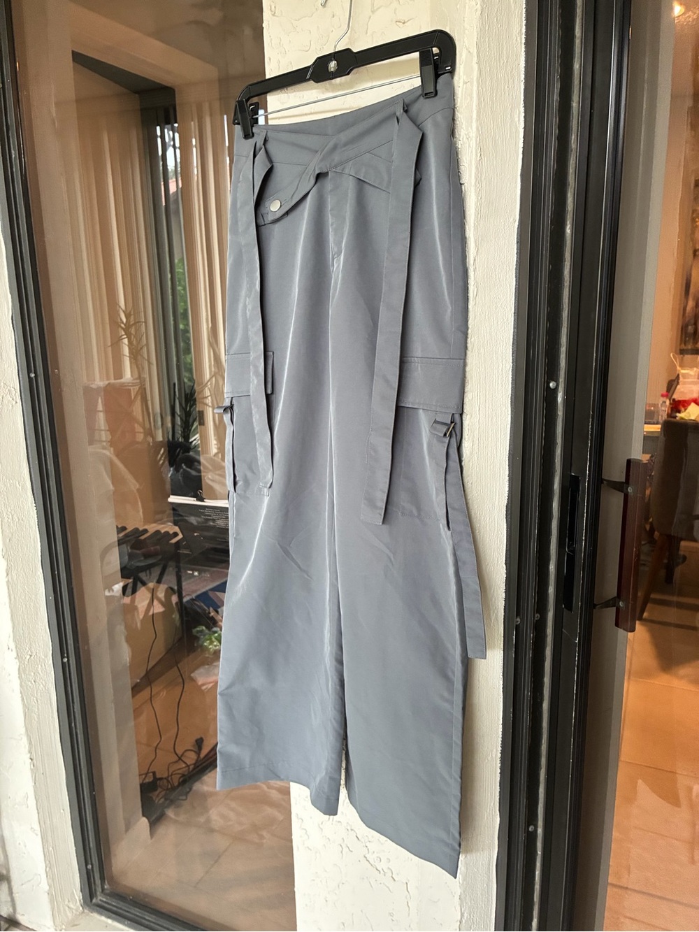 ✨ Y2K SHEIN Grey Cross-Wrap Asymmetric Waist Wide Leg Cargo Pants Small - Picture 6 of 9